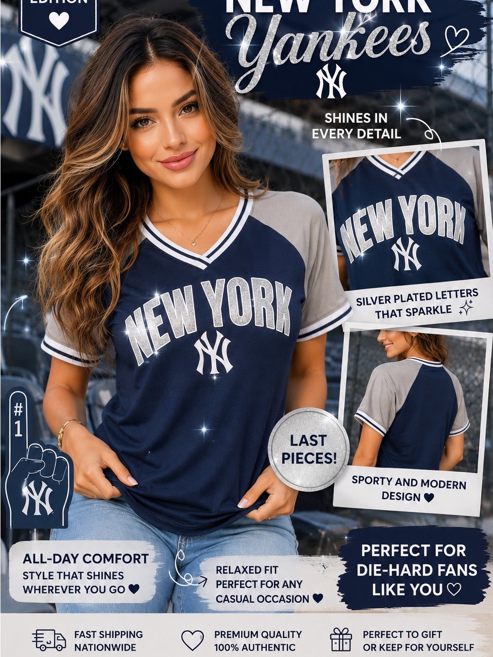 Genuine Merchandise Navy and Gray New York Yankees V‑Neck Jersey